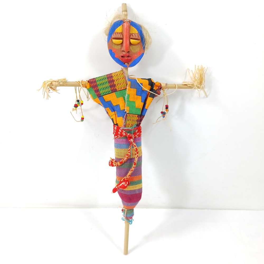 Vintage New Orleans Voodoo Doll Hand Painted Clay Mask Folk Art Bamboo 14.5"